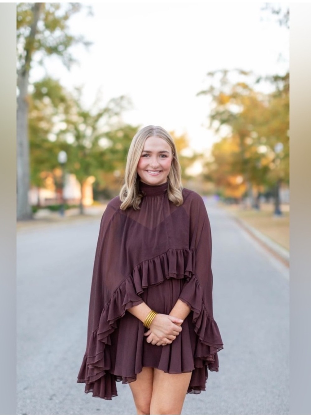 Commense Brown Ruffle Cape Dress - Picture 2 of 9
